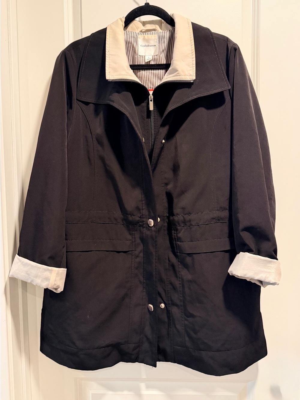 Croft & Barrow Women’s Hooded Anorak Rain Jacket Black Khaki Contrast Size L